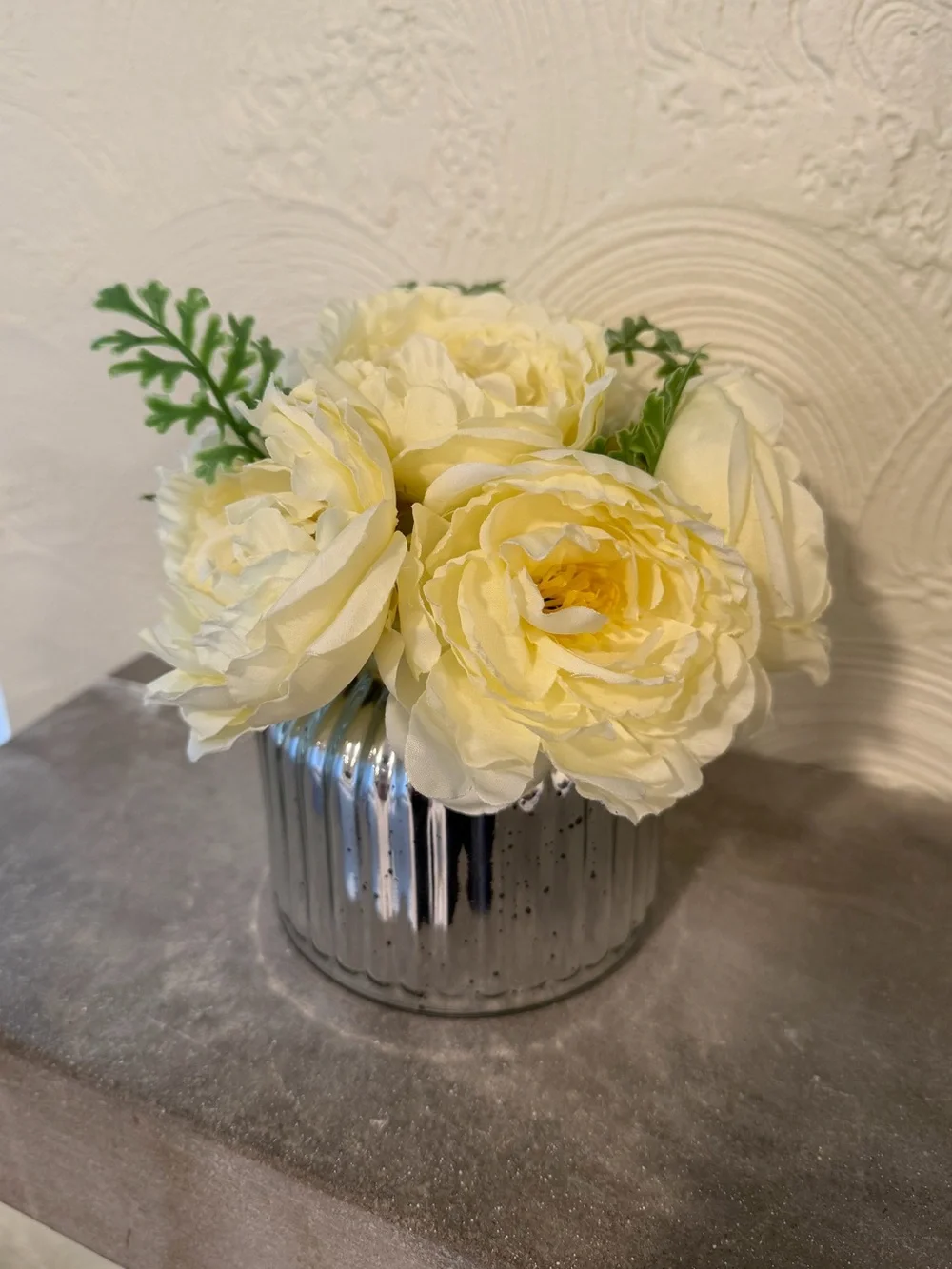 Cream/Ivory Artificial Peony & Rose Floral Arrangement in Silver Ribbed Vase